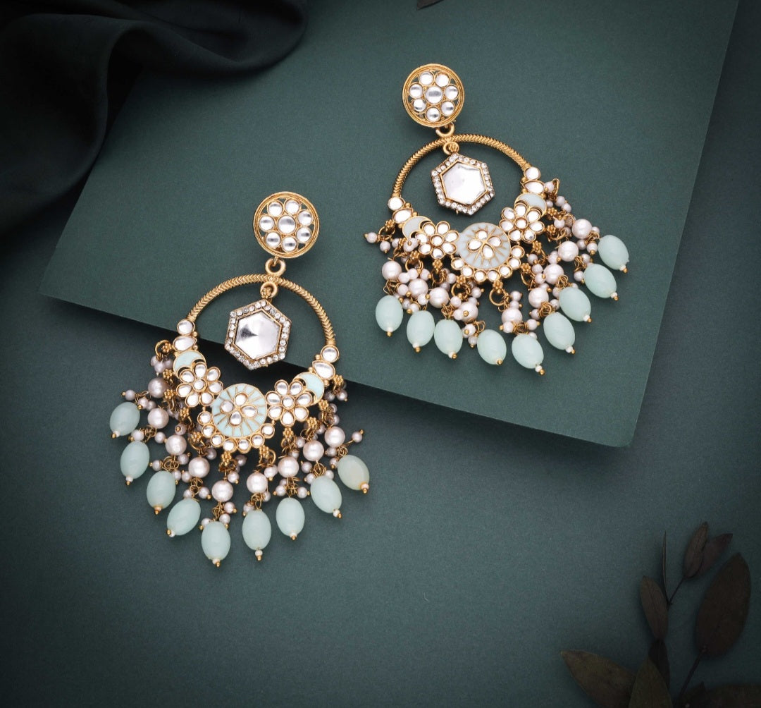 Daman : Gold Plated Kundan Drop Earrings - Sea Green