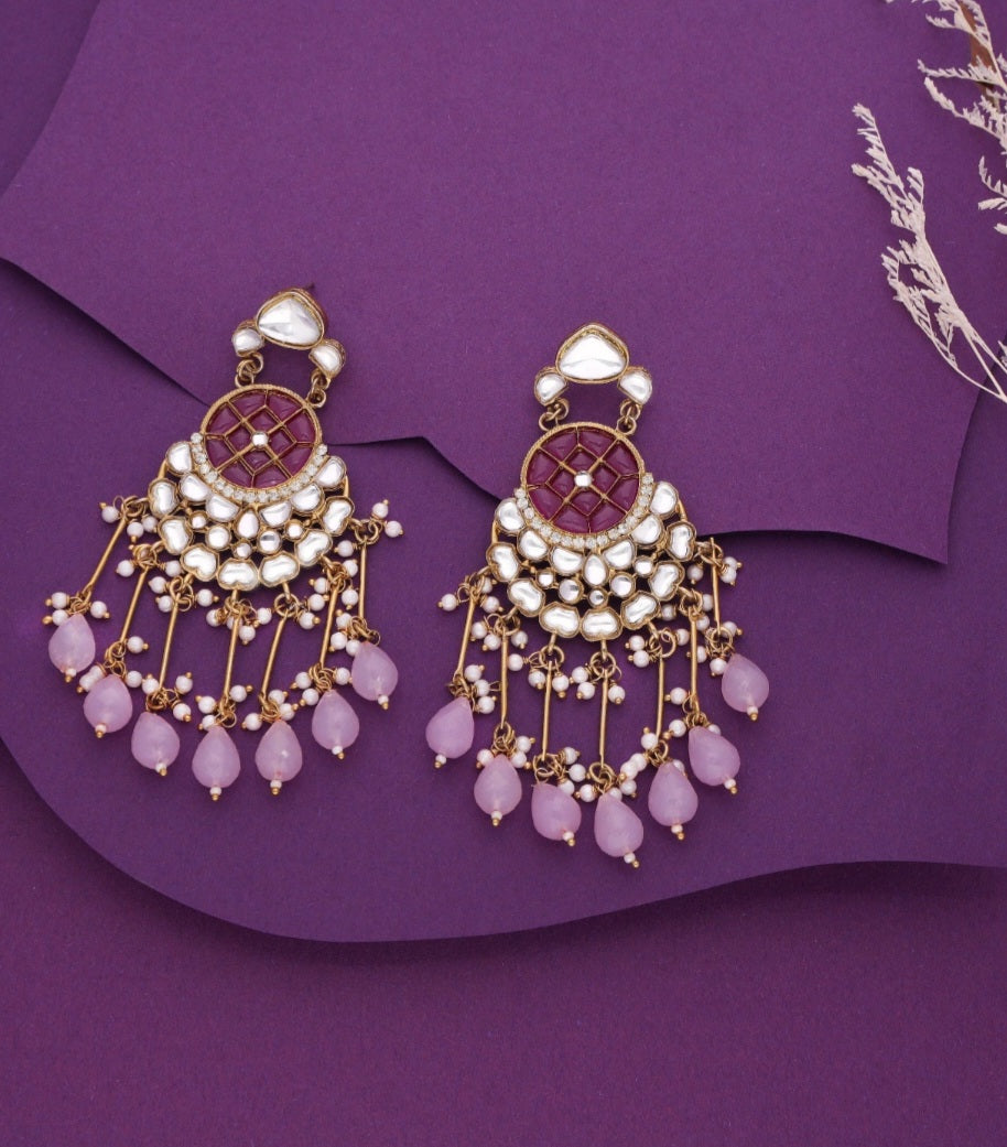 Bella - Chandelier Earrings with Kundan and Pearl - Lavender