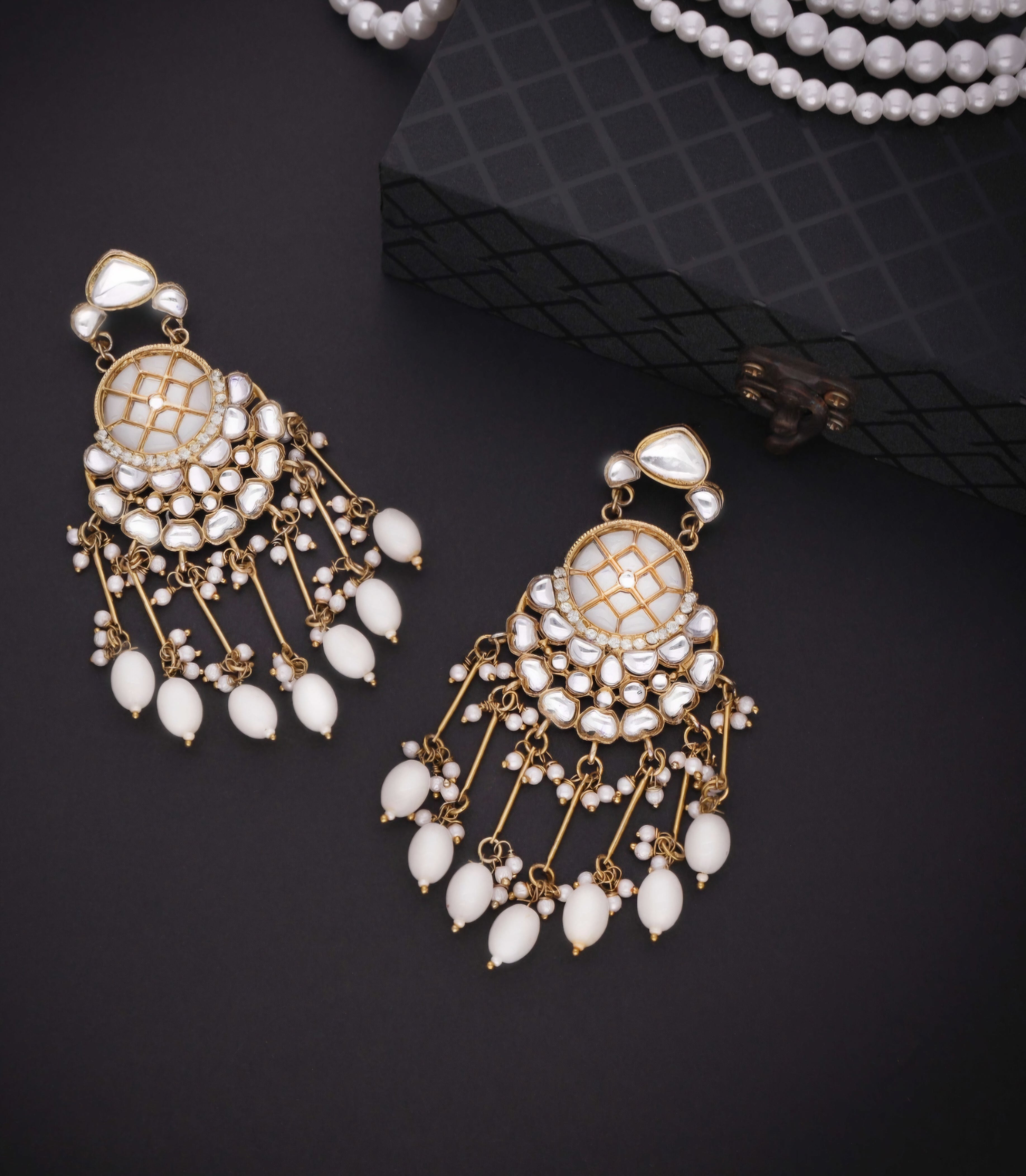 Bella - Chandelier Earrings with Kundan and Pearl - White