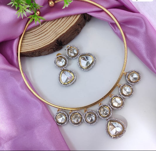Gold Plated Kundan Stone Studded Jewellery Set - White