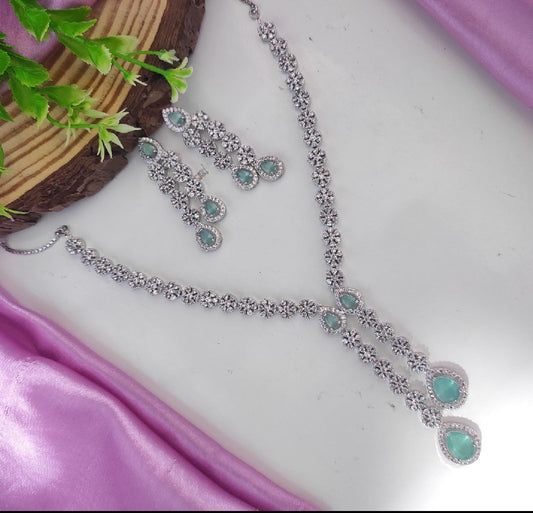 Elegant Silver-Toned CZ Necklace Set - Sea Green