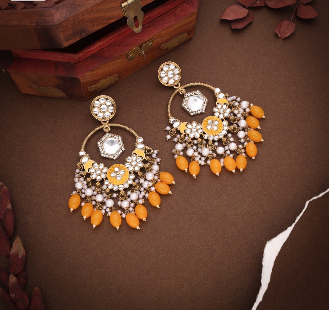 Daman : Gold Plated Kundan Drop Earrings - Yellow