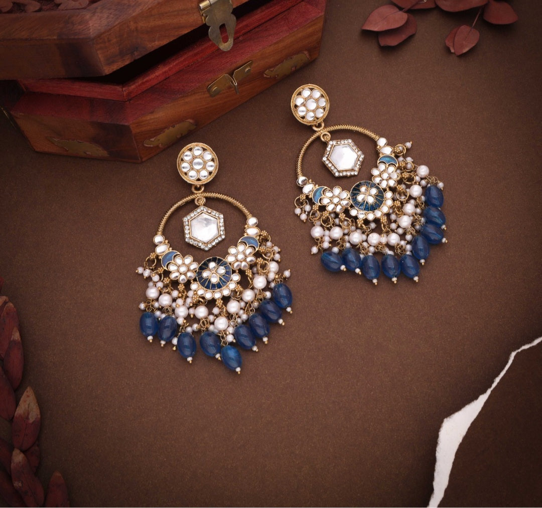 Daman : Gold Plated Kundan Drop Earrings - Blue