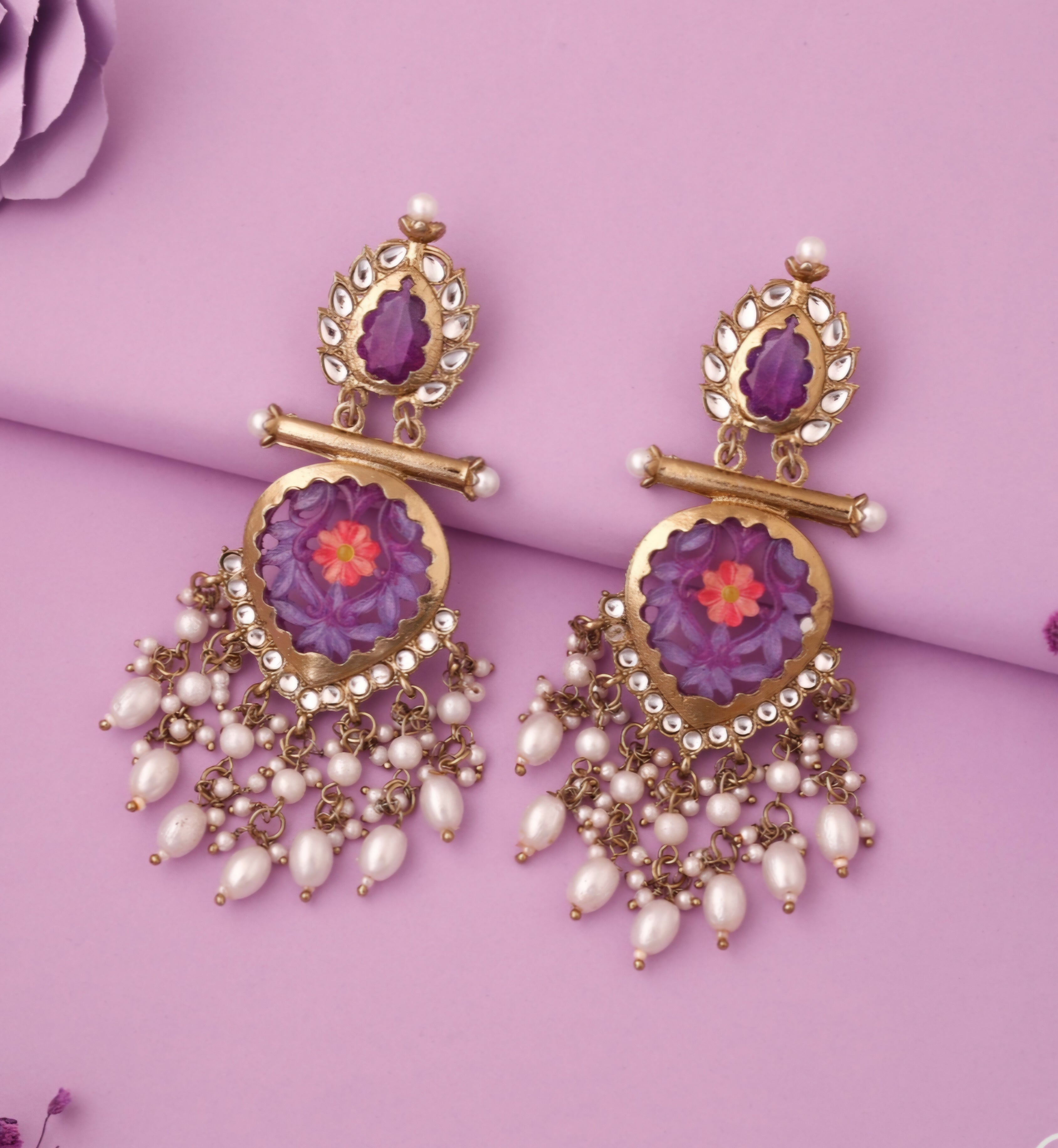 Zalima - Kundan-Studded Long Dangle Earring - Purple