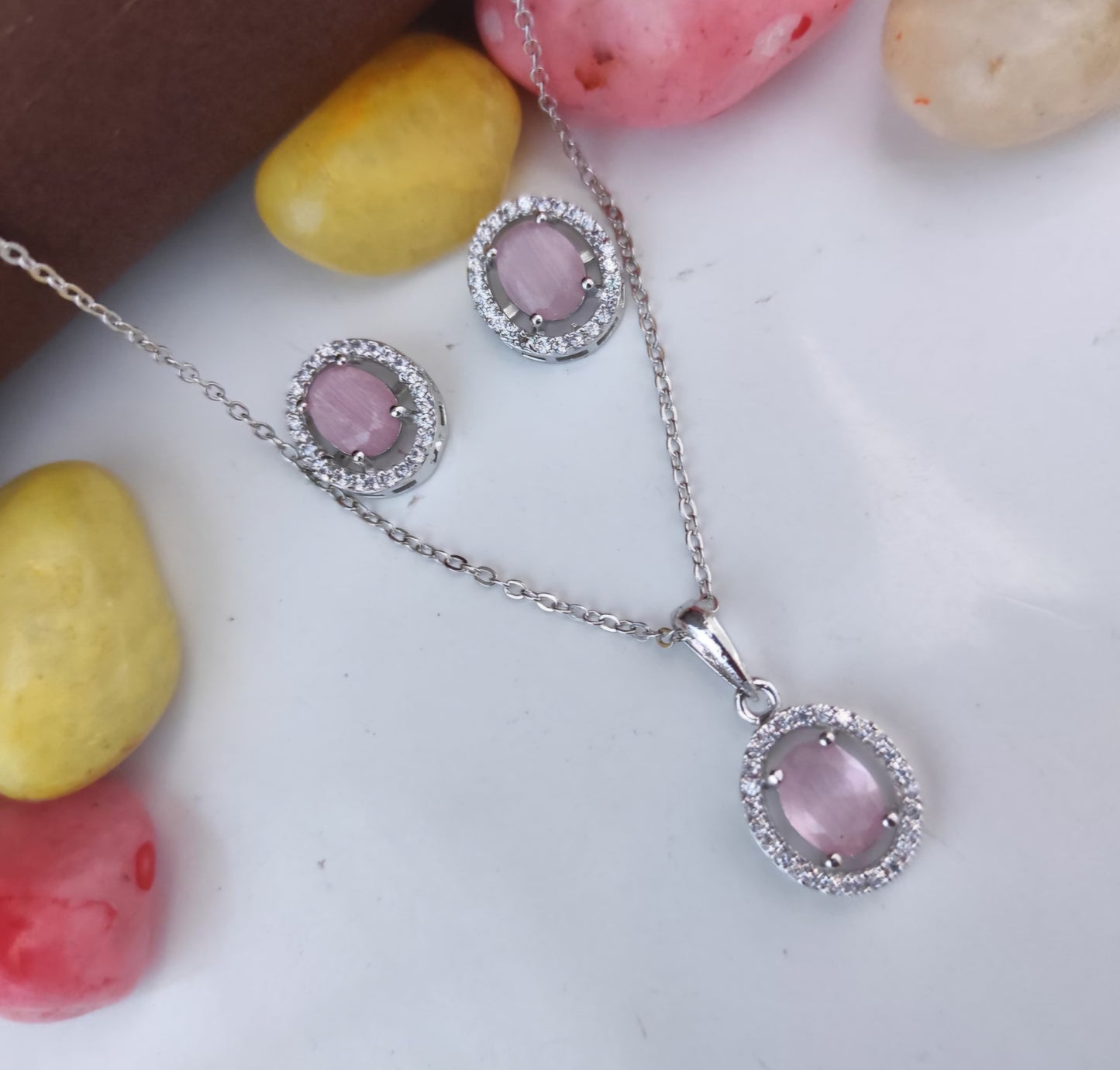 Elegant Oval Pink Stone Pendent Set