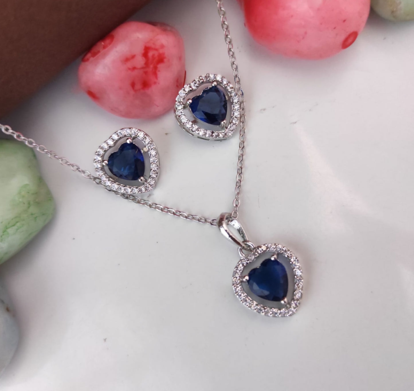 Silver-Plated Heart Pendant Set with Blue Stones & Crystal Accents