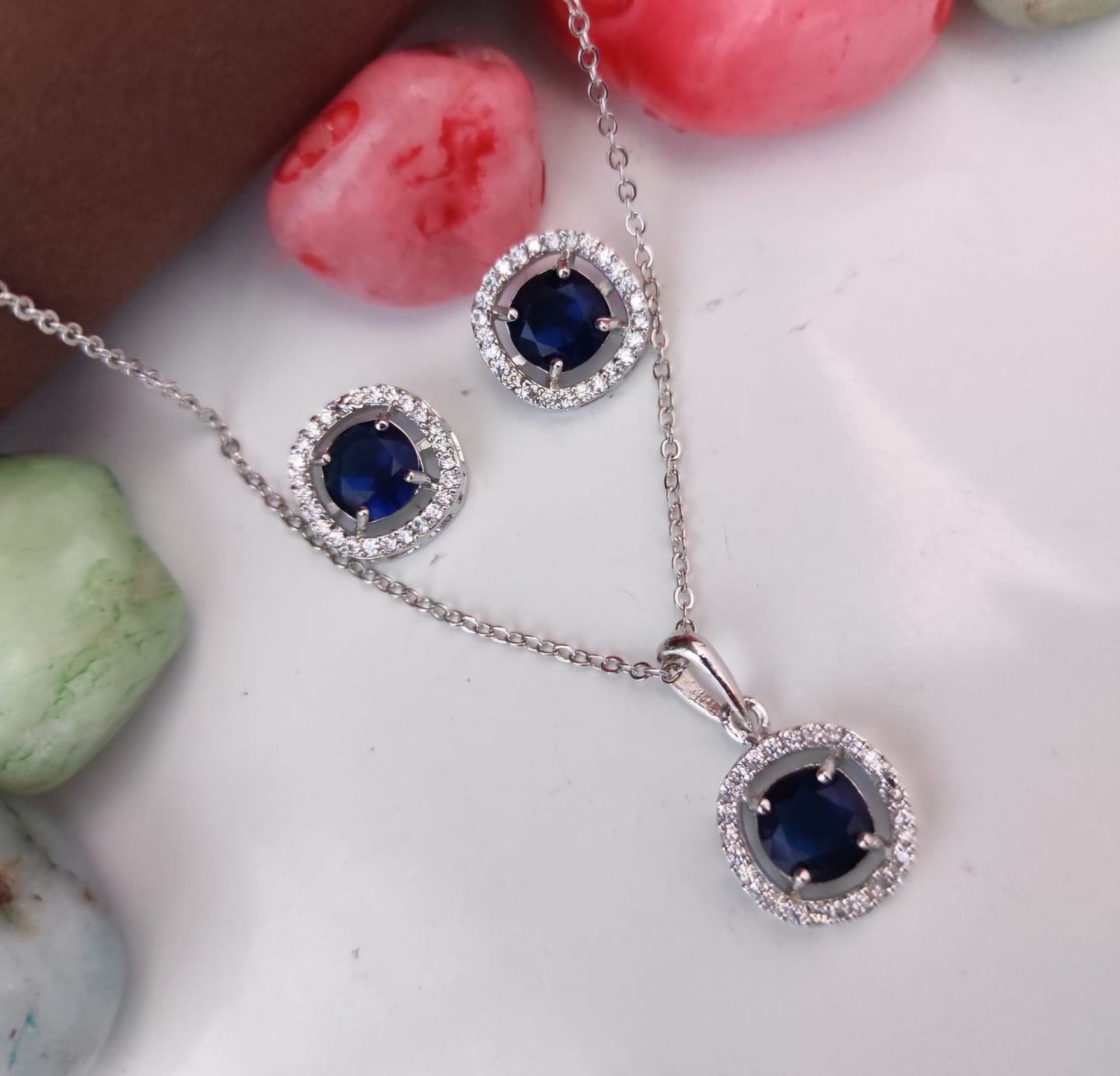 Silver-Plated Cushion Pendant Set with Blue Stones & Crystal Accents