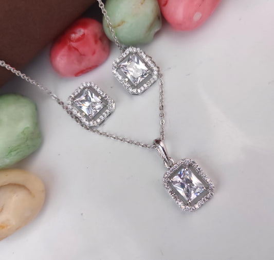 Silver-Plated Square Pendant Set with Clear Stones & Crystal Accents