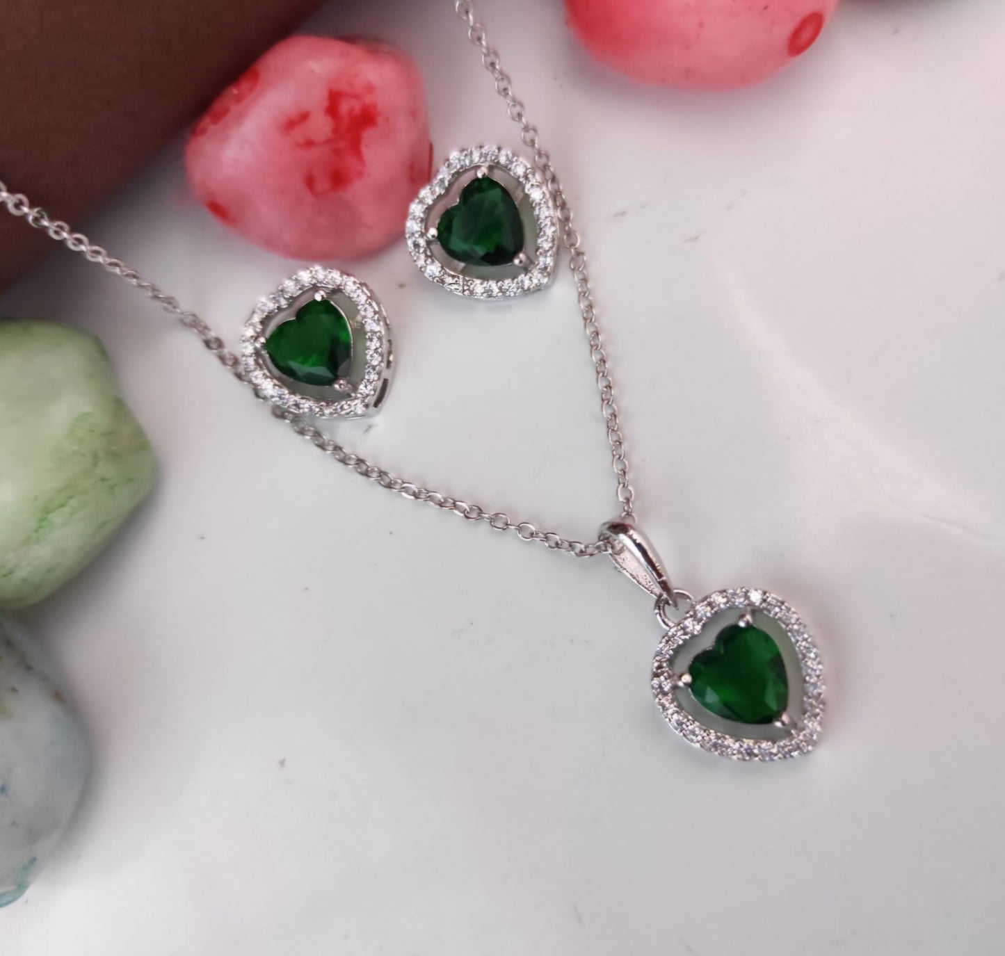 Silver-Plated Heart Pendant Set with Green Stones & Crystal Accents