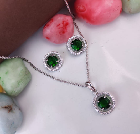 Silver-Plated Round Pendant Set with Green Stones & Crystal Accents