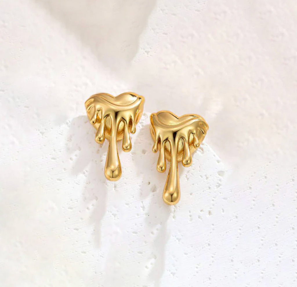 Dripping Gold Heart Earrings - Abstract Statement Studs
