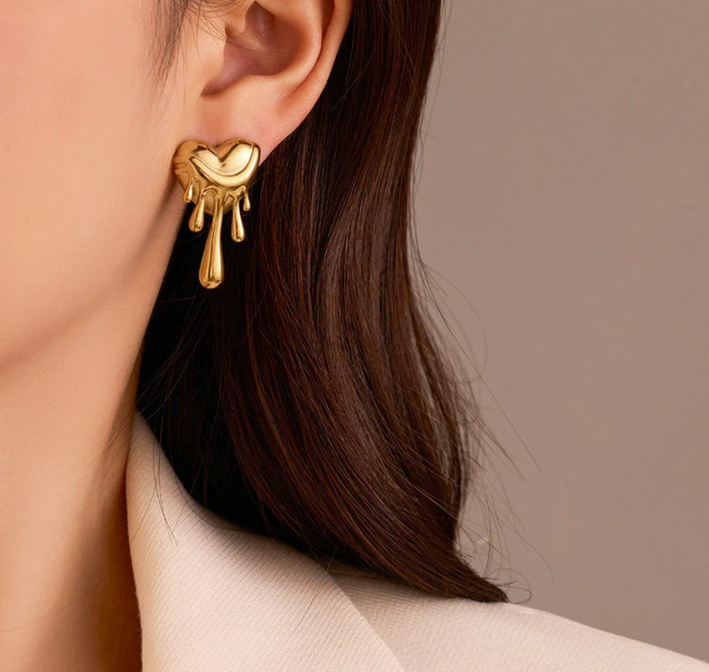 Dripping Gold Heart Earrings - Abstract Statement Studs