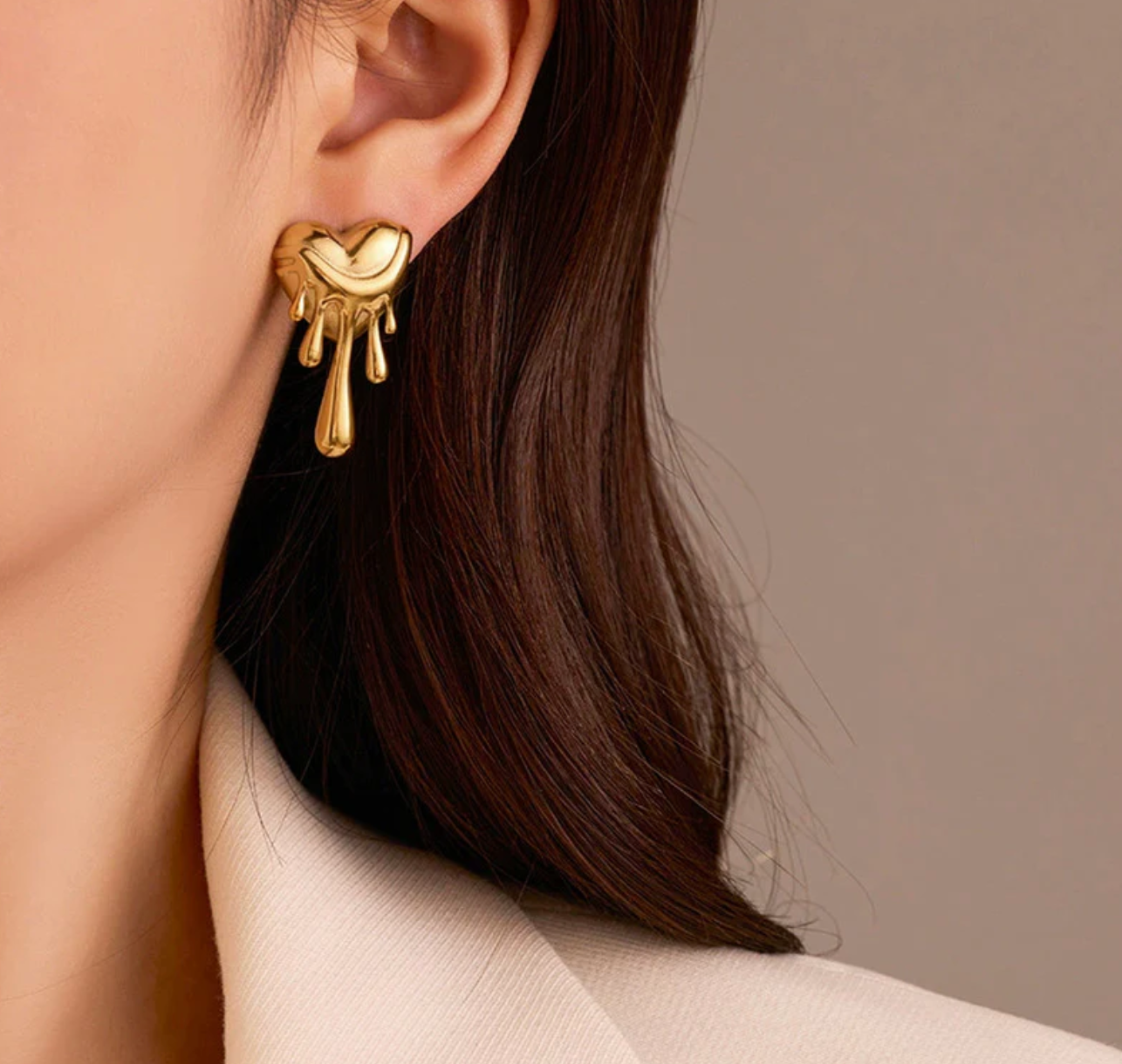 Dripping Gold Heart Earrings - Abstract Statement Studs
