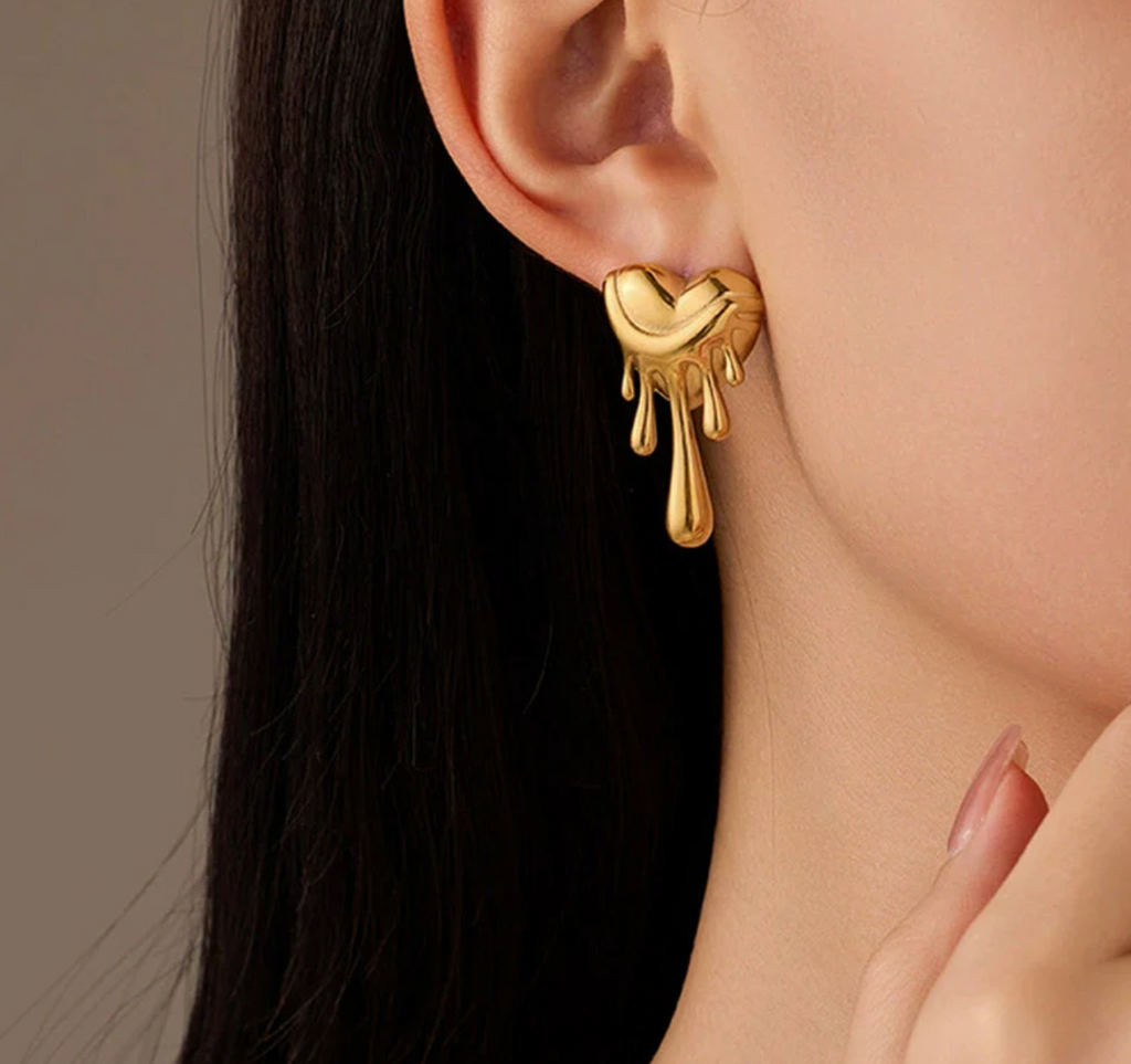 Dripping Gold Heart Earrings - Abstract Statement Studs
