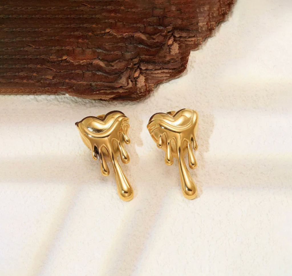 Dripping Gold Heart Earrings - Abstract Statement Studs
