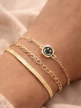 Gold Smiley Face Bracelet Set - Pack of 4