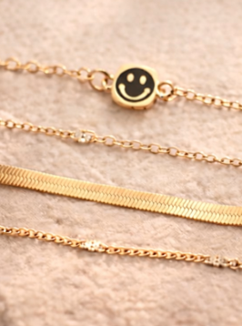 Gold Smiley Face Bracelet Set - Pack of 4