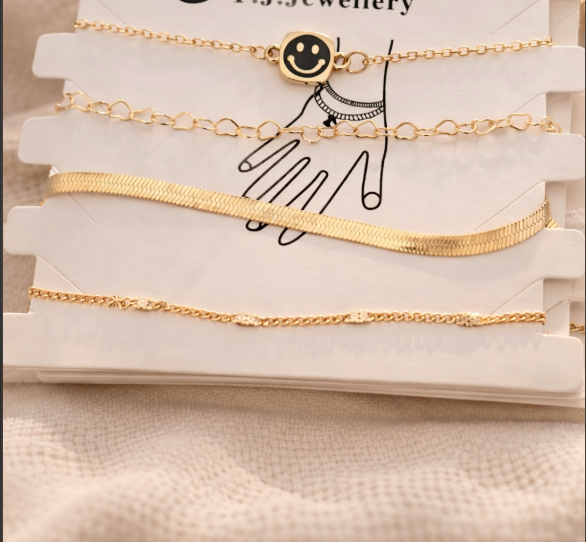 Gold Smiley Face Bracelet Set - Pack of 4