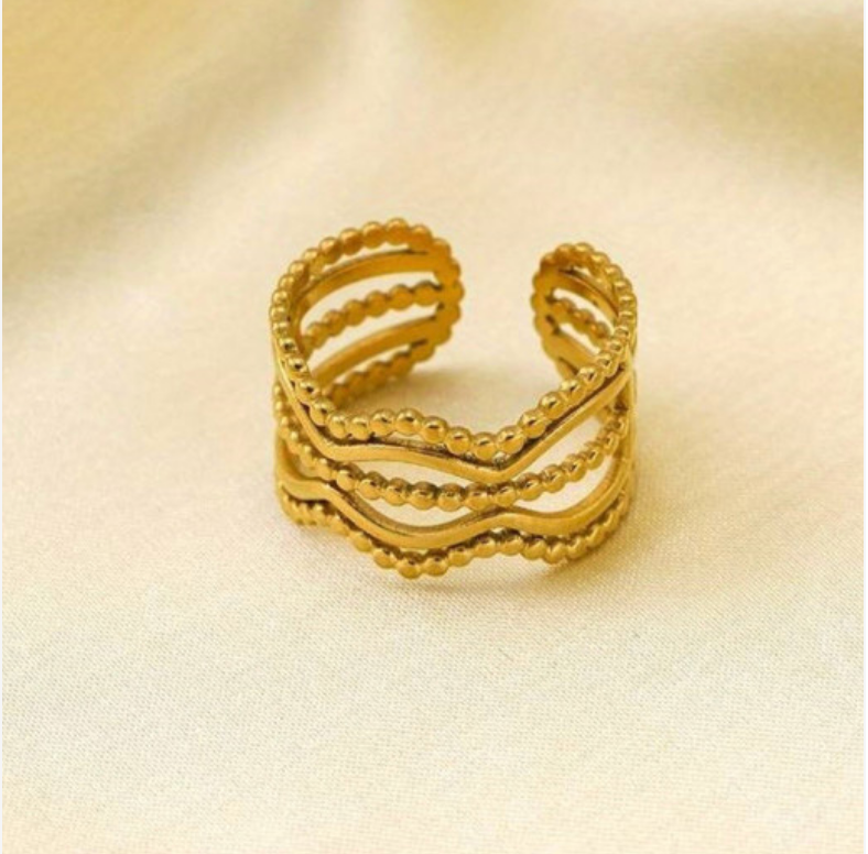 Gold Multi-Layer Wave & Beaded Open Ring