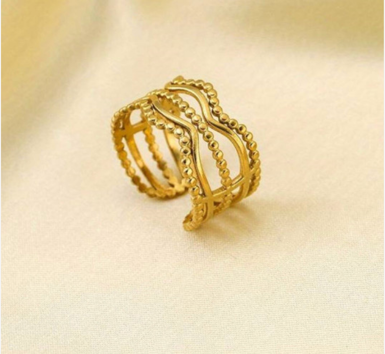 Gold Multi-Layer Wave & Beaded Open Ring