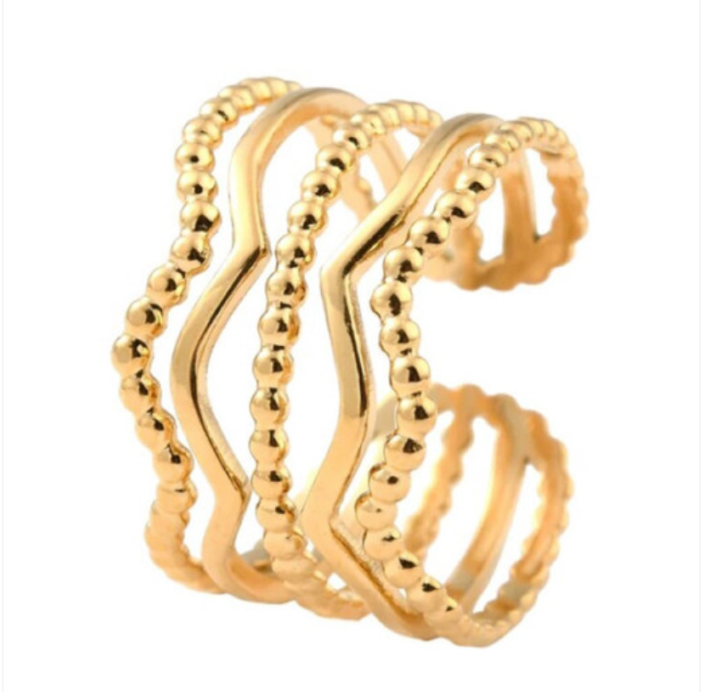 Gold Multi-Layer Wave & Beaded Open Ring