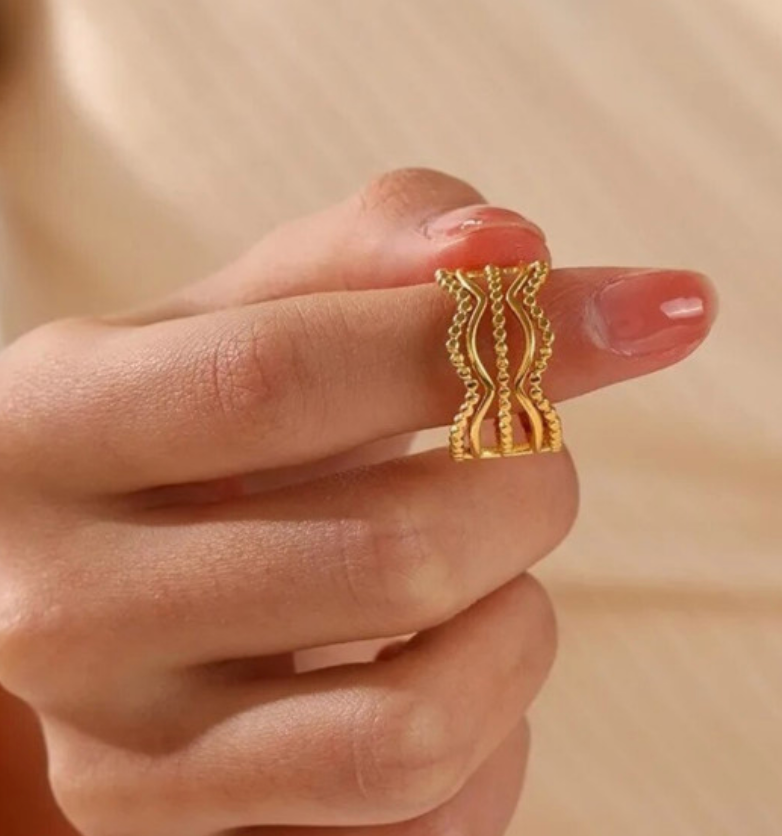 Gold Multi-Layer Wave & Beaded Open Ring