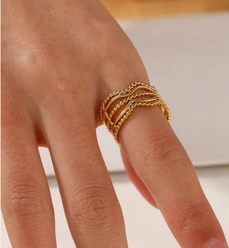 Gold Multi-Layer Wave & Beaded Open Ring