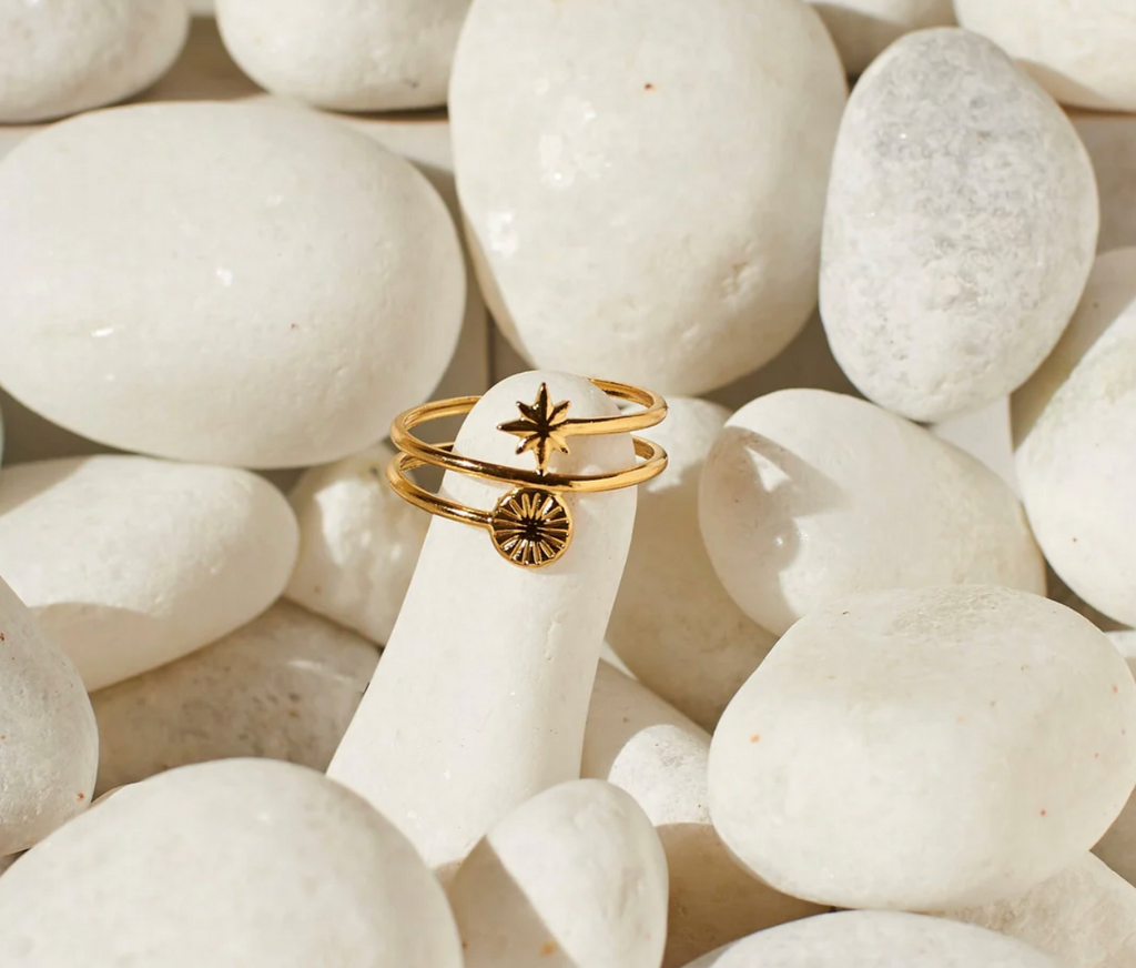 Gold Double Band North Star & Sun Charm Open Ring