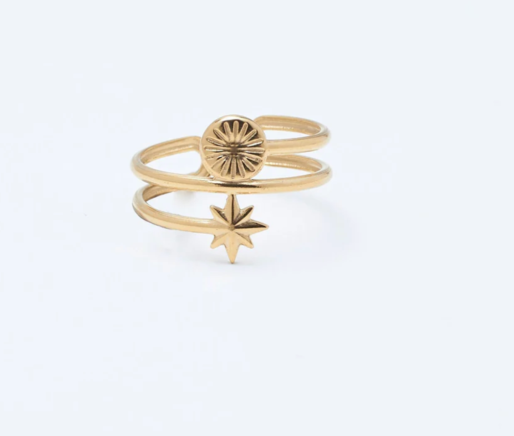 Gold Double Band North Star & Sun Charm Open Ring