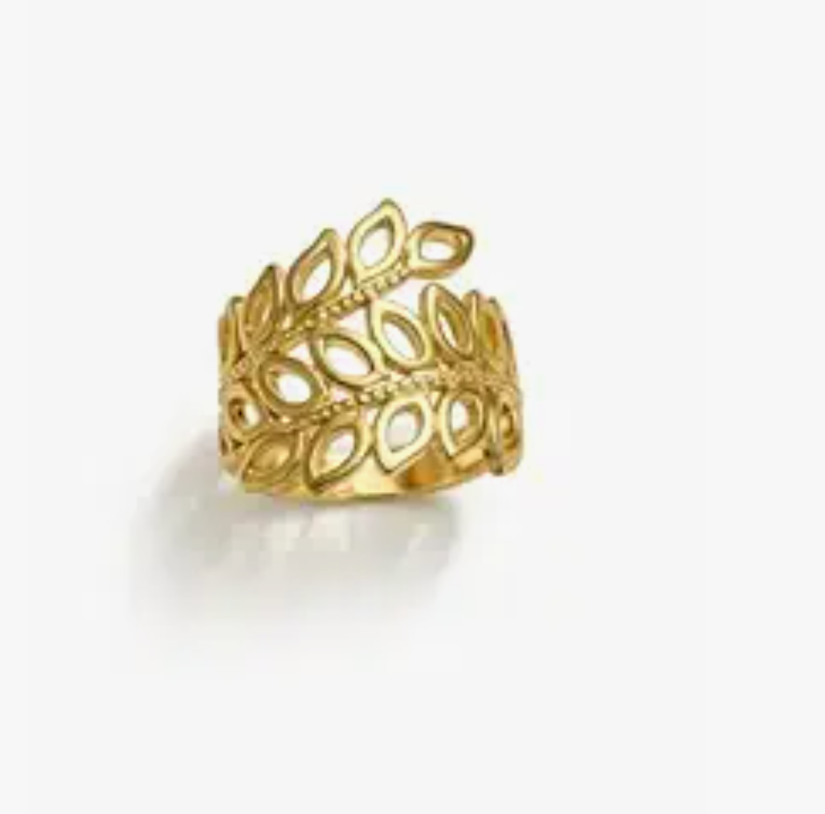 Gold Wide Band Cutout Leaf Crown Open Ring
