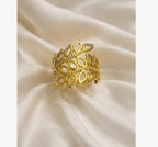 Gold Wide Band Cutout Leaf Crown Open Ring
