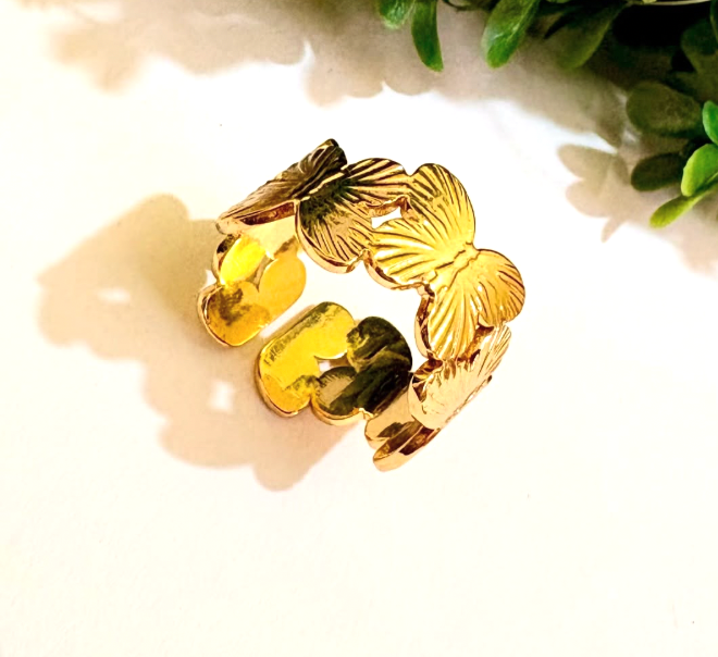 Gold Multi-Butterfly Wide Band Open Ring
