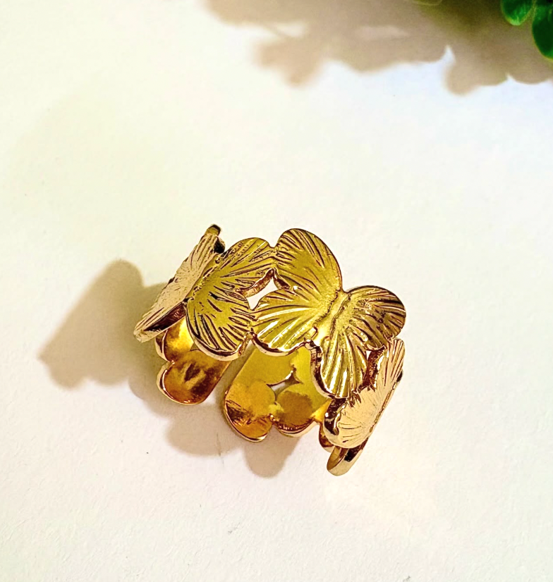 Gold Multi-Butterfly Wide Band Open Ring