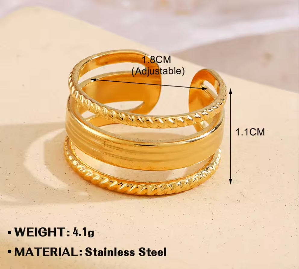 Gold Wide Cuff Layered Rope & Smooth Band Open Ring