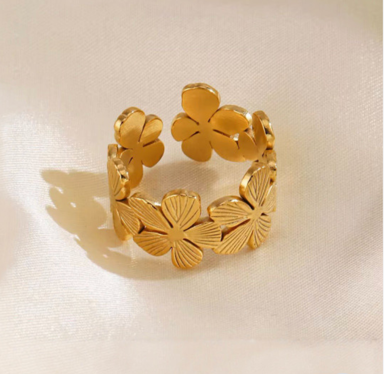 Gold Flower Wreath Wide Cuff Open Ring
