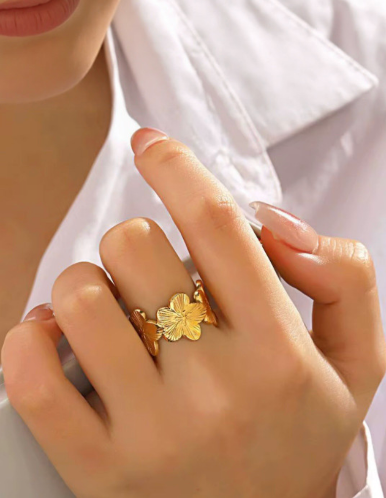 Gold Flower Wreath Wide Cuff Open Ring