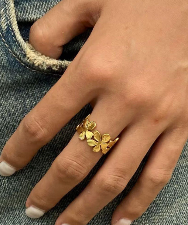 Gold Flower Wreath Wide Cuff Open Ring