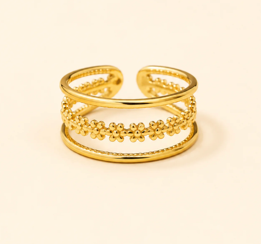 Gold Triple Band Daisy Chain Open Ring
