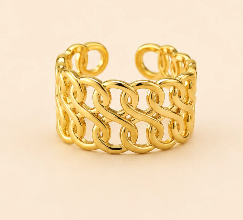 Gold Interlocking Wave Chain Wide Cuff Open Ring