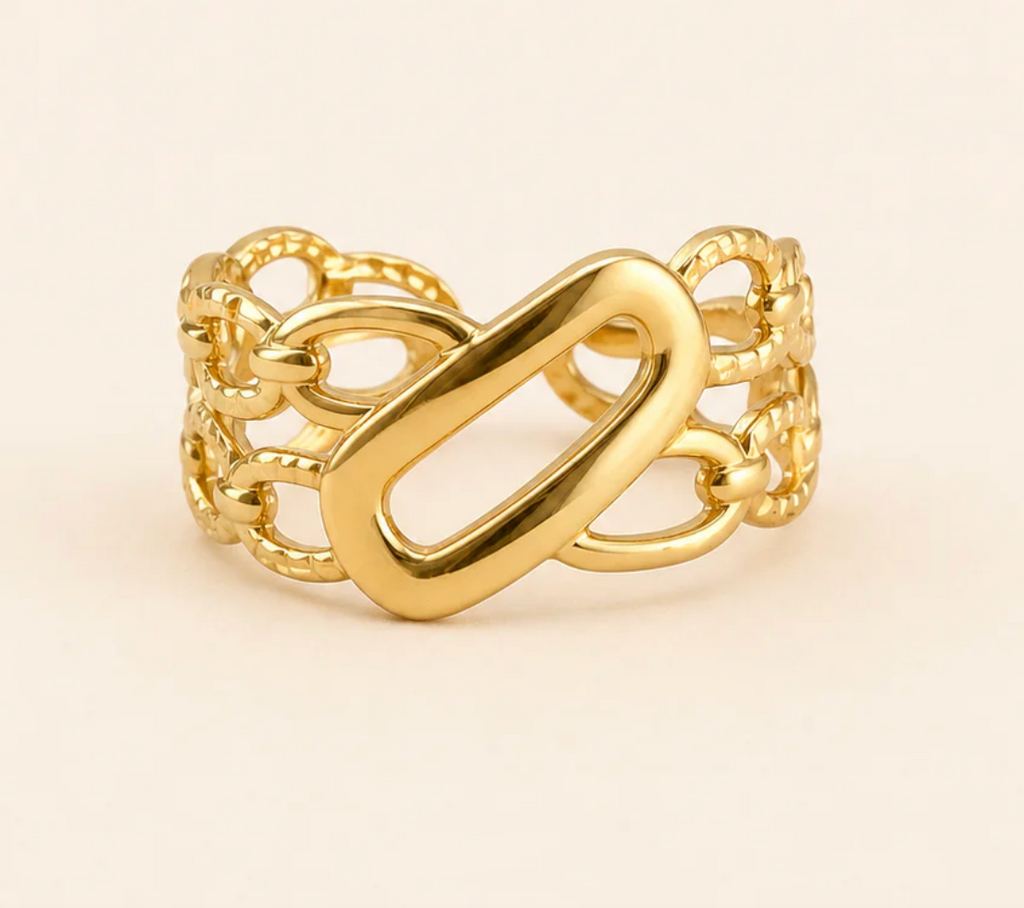 Gold Double Oval Link Chain Wide Band Open Ring