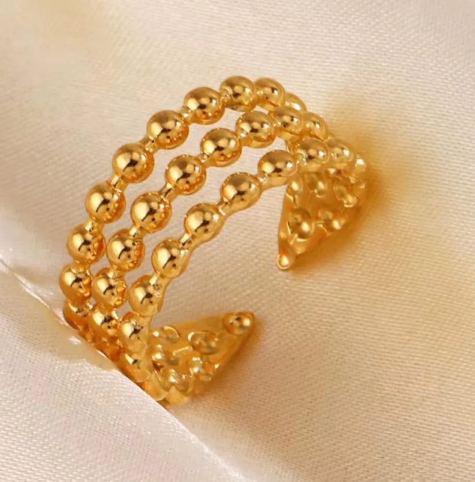 Gold Triple Row Beaded Wide Cuff Open Ring