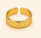 Gold Engraved Evil Eye Sunburst Wide Band Open Ring