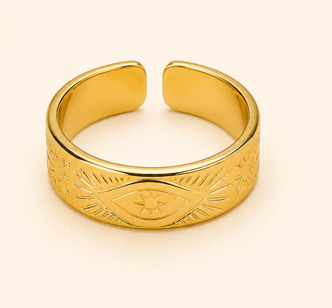 Gold Engraved Evil Eye Sunburst Wide Band Open Ring