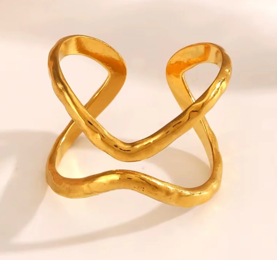 Gold Hammered Double X Crossover Open Cuff Ring