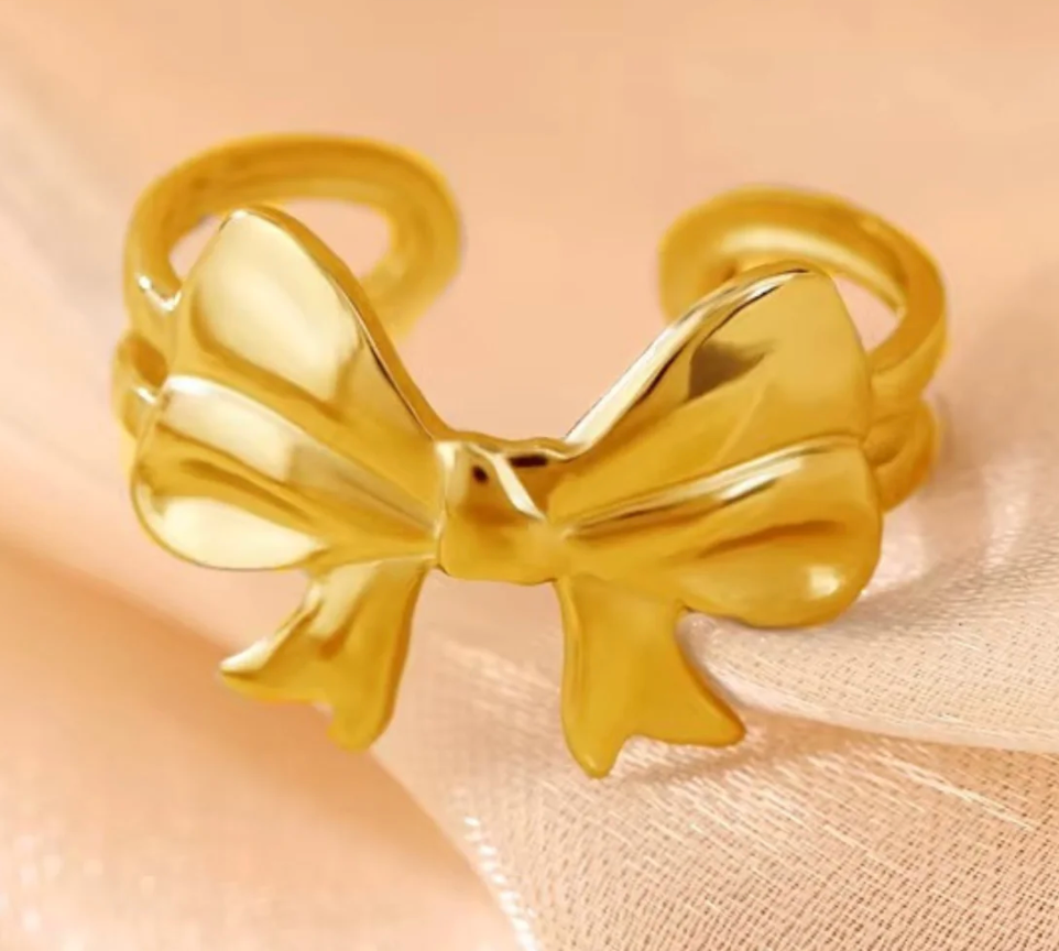 Gold Puffy 3D Bow Open Cuff Ring