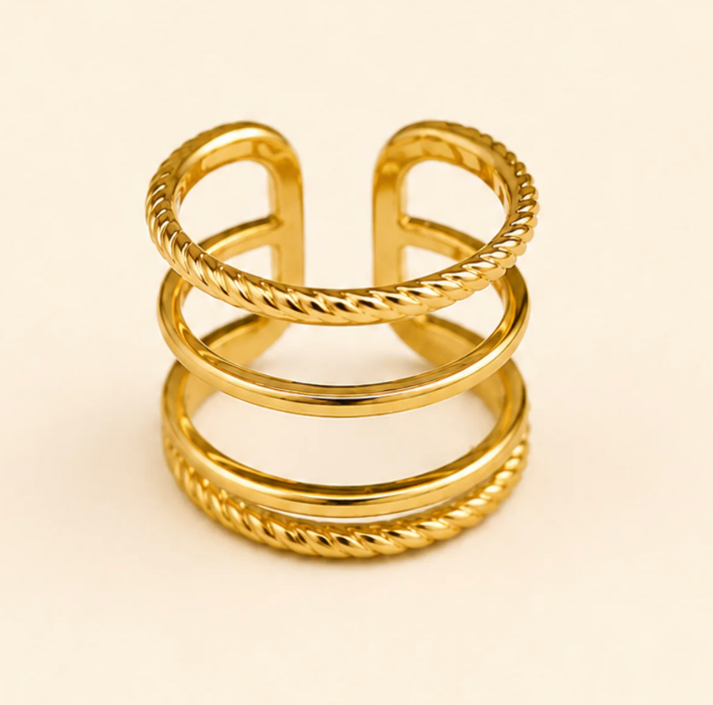 Gold Twisted Rope & Smooth Multi-Band Open Cuff Ring