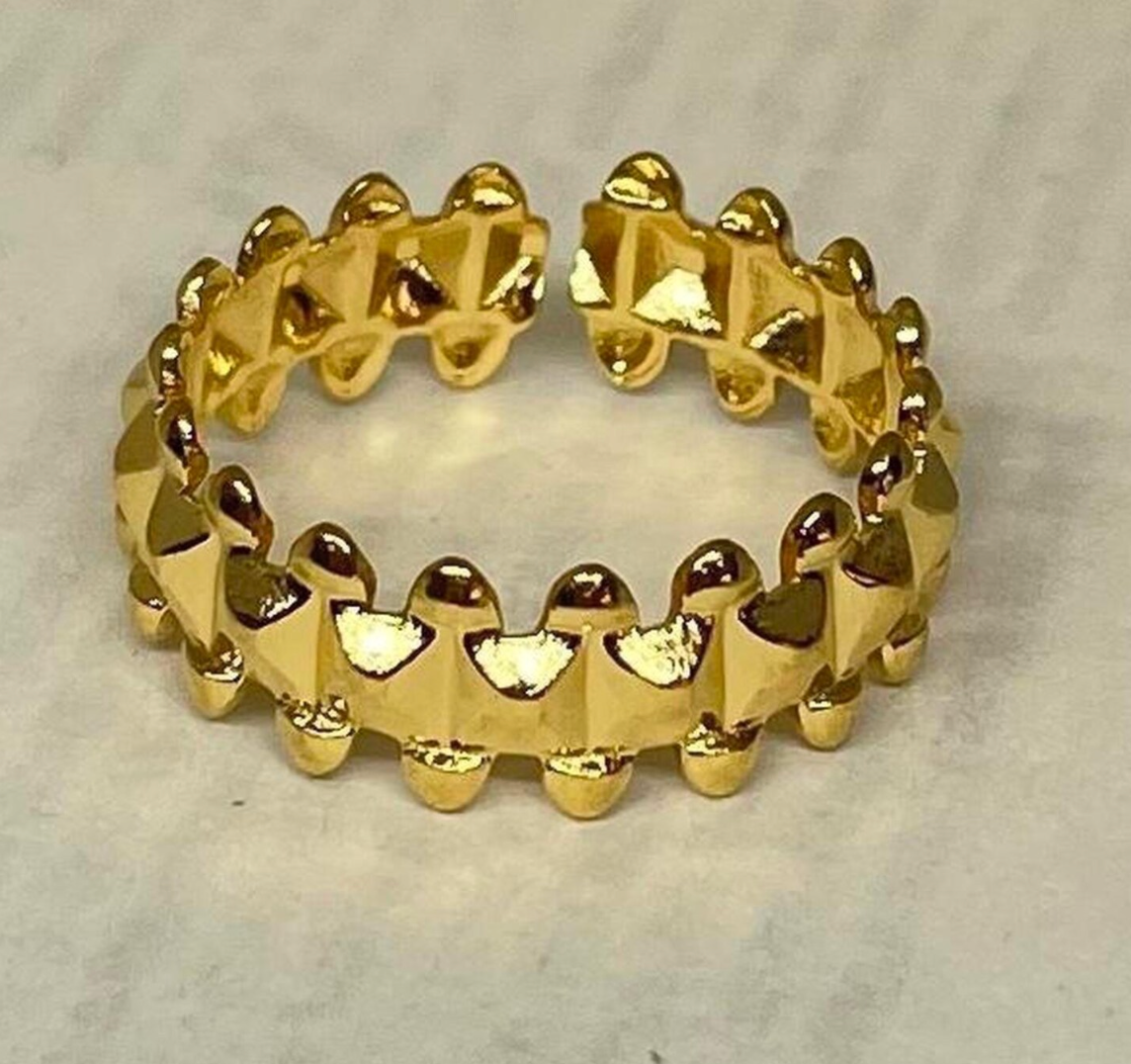 Gold Double Spike Pyramid Crown Open Cuff Ring