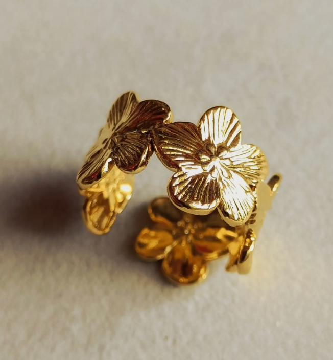 Gold Engraved Floral Blossom Open Cuff Ring