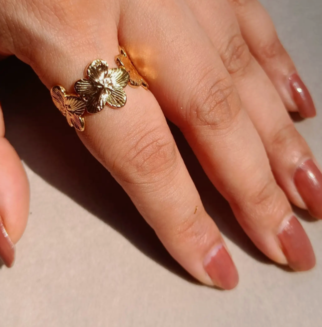 Gold Engraved Floral Blossom Open Cuff Ring