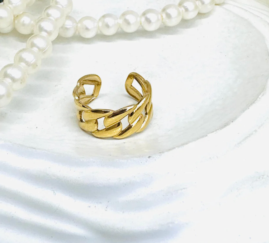 Gold Cuban Link Chain Open Cuff Ring